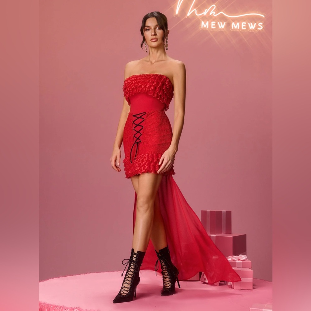 Mew Mews Strapless Red High Low Dress